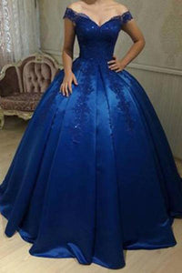 Unique Royal Blue Off Shoulder Lace Sweetheart Appliques Long Ball Gown Prom Dresses RS463