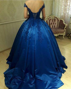 Unique Royal Blue Off Shoulder Lace Sweetheart Appliques Long Ball Gown Prom Dresses RS463
