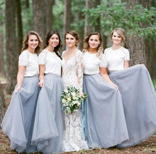 Load image into Gallery viewer, Short Sleeve White Top Light Grey Tulle Skirt Popular Floor-Length Bridesmaid Dresses RS519