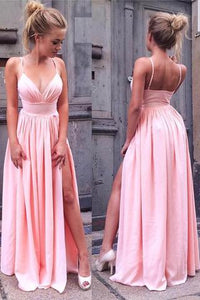 Pink Spaghetti Strap V Neck Simple Long Split Front Chiffon Evening Dress Prom Dresses RS557