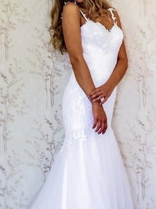White Lace Mermaid Sweetheart Tulle Spaghetti Straps Backless Affordable Wedding Dresses RS778