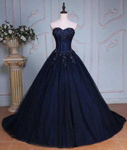 Princess Ball Gown Sweetheart Navy Blue Beads Ruffles Long Tulle Prom Dresses with Lace up RS236