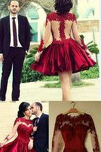 Load image into Gallery viewer, Short Ball Gown High Neckline with Long Sleeves Lace Dark Wine Red Backless Lace Prom Dress RS24