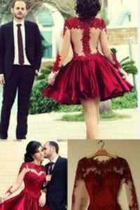 Short Ball Gown High Neckline with Long Sleeves Lace Dark Wine Red Backless Lace Prom Dress RS24