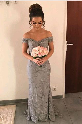 New Arrival Off The Shoulder Grey Beads Backless Mermaid Long Prom Dresses RS427