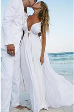 Load image into Gallery viewer, Sexy Deep V Neck White Chiffon Beach Elegant A-Line Bridal Floor-Length Wedding Dresses RS226