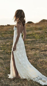 Boho Backless Front Split Romantic Off-the-Shoulder Ivory Lace Beach Bling Wedding Dress RS699