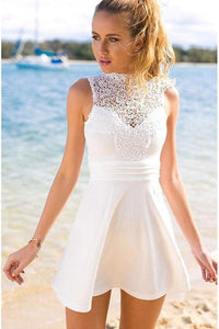 Short Open Back White Appliques Short Stretch Satin Homecoming Dress with Lace RS129