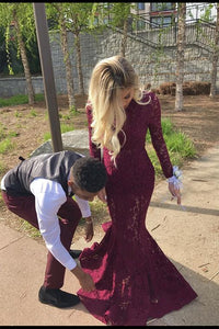 Charming High Neck Burgundy Long Sleeve Lace Mermaid Open Back Prom Dresses RS482