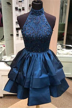 Load image into Gallery viewer, Pretty A-line High Neck Above-knee Beaded Dark Blue Backless Short Homecoming Dresses RS165