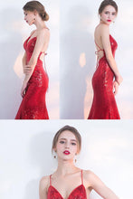 Load image into Gallery viewer, V-Neck Red Mermaid Spaghetti Straps Sparkly Backless Sleeveless Sequins Evening Dresses RS242