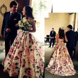 Ball Gown Printed Satin Sweetheart Spaghetti Straps Sleeveless Prom Dress Wedding Dress RS684