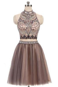 A-Line Beads Charming High Neck Open Back Two Pieces Tulle Homecoming Dresses For Teens RS401