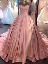 Load image into Gallery viewer, Ball Gown Pink Strapless Appliques Sweetheart Sweep Train Satin Evening Dresses RS775