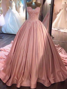 Ball Gown Pink Strapless Appliques Sweetheart Sweep Train Satin Evening Dresses RS775