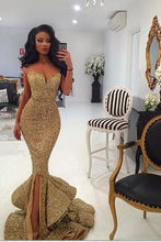 Load image into Gallery viewer, Spaghetti Straps Red Sequin Long Mermaid Front Slit Sparkle Long Prom Dresses RS520