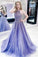 A Line Lavender Lace Appliques Tulle Halter Long Prom Dresses