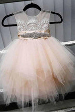 Load image into Gallery viewer, A-Line Tulle Beads Appliques Scoop Blush Pink Button Cap Sleeve Flower Girl Dresses RS888
