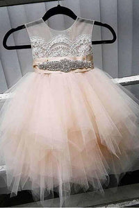 A-Line Tulle Beads Appliques Scoop Blush Pink Button Cap Sleeve Flower Girl Dresses RS888