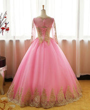 Load image into Gallery viewer, Ball Gown Long Sleeve Gold Rose Red Tulle Round Neck Lace up Prom Quinceanera Dresses RS147