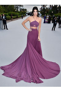 Spaghetti Straps Purple Gorgeous A-Line Chiffon Long Open Back Prom Dresses RS489