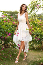 Load image into Gallery viewer, A-Line Princess V-Neck Lace Sleeveless Asymmetrical Lace High Low Bridesmaid Dresses RS286