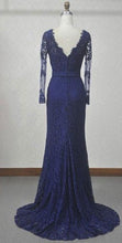 Load image into Gallery viewer, V-Neck Navy Blue Lace Mermaid Long Sleeves Open Back Floor-length Prom Dresses RS310