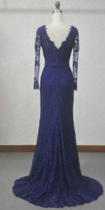 V-Neck Navy Blue Lace Mermaid Long Sleeves Open Back Floor-length Prom Dresses RS310