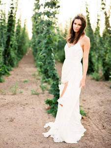 Sexy Spaghetti Straps Boho Bridal Dress with Slit V Neck Side Slit Beach Wedding Dresses W1033