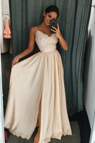 Pearl Pink Elastic Satin A-Line Spaghetti Straps Side Slit Prom Dress with Appliques RS650