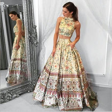 Load image into Gallery viewer, Unique A line Two Piece High Neck Tribal Satin Prom Dresses with Pockets Party Dresses RS190