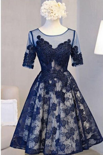 A Line Scoop Navy Blue Knee-length Tulle Short Sleeve Homecoming Dress with Open Back RS792