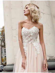 A Line Sweetheart Tulle Pink Prom Dresses with Appliques Beach Wedding Dresses RS970