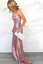 Load image into Gallery viewer, Sexy Spaghetti Straps V-Neck Backless Halter Mermaid Long Sequins Prom Dresses RS415