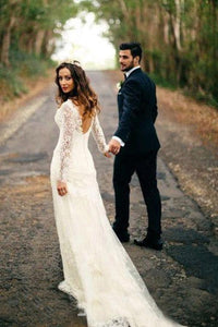 Sexy Gorgeous Mermaid Long Sleeves V-Neck Backless White Lace Wedding Dresses RS313