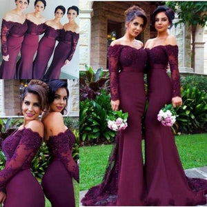 New Arrival Off-the-Shoulder Wine Red Trumpet Long Sleeve Mermaid Bridesmaid Dresses RS932