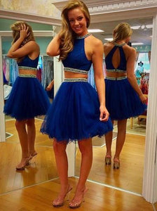 Two Piece Scoop Short Tulle Backless Royal Blue Cocktail Homecoming Dress with Beaded RS455