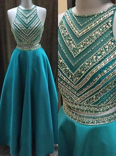 Load image into Gallery viewer, Two Pieces Beaded Crew Neck Prom Dress-Zipper-up Satin Long Prom Dresses RS842