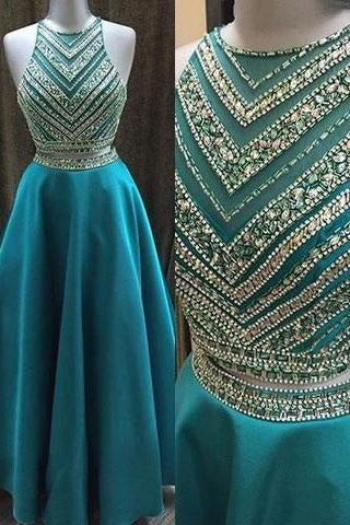 Two Pieces Beaded Crew Neck Prom Dress-Zipper-up Satin Long Prom Dresses RS842