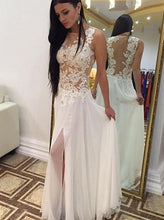 Load image into Gallery viewer, Sexy A-line Crew Floor-Length Chiffon Sleeveless Beaded Appliques White Prom Dresses RS661