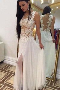 Sexy A-line Crew Floor-Length Chiffon Sleeveless Beaded Appliques White Prom Dresses RS661