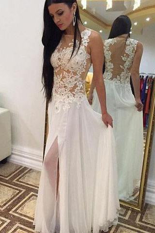 Sexy A-line Crew Floor-Length Chiffon Sleeveless Beaded Appliques White Prom Dresses RS661