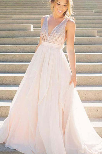 A Line Pink V Neck Sequins Simple Long Cheap Chiffon Backless Sleeveless Prom Dresses RS616