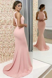 Cheap Elegant Long A-Line Halter Pink Satin Mermaid Bridesmaid Dresses RS15