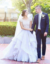 Load image into Gallery viewer, 2024 Sparkly Beads Ruffles Organza Scoop Cap Sleeve Lavender Prom Wedding Dresses RS143