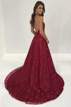 Load image into Gallery viewer, Sexy Lace Deep V Neck Side Slit A Line Long Backless Halter Burgundy Prom Dresses RS899