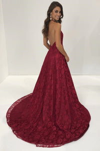 Sexy Lace Deep V Neck Side Slit A Line Long Backless Halter Burgundy Prom Dresses RS899