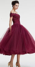 Load image into Gallery viewer, Vintage Princess Off the Shoulder Tea Length Ball Gown Scoop Burgundy Homecoming Dress RS860