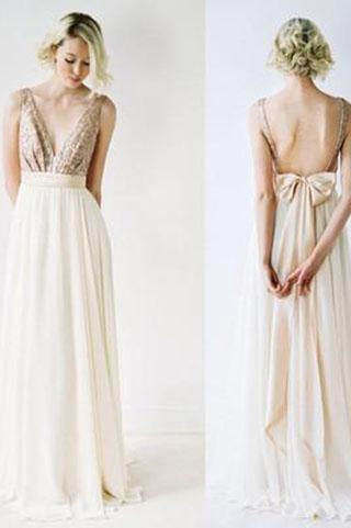 Sequin Sexy Chiffon Long Backless V-Neck Backless Sleeveless A-Line Bridesmaid Dresses RS42