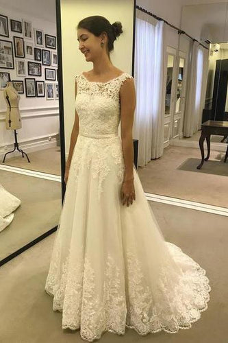 A Line Lace Appliques Tulle Ivory Scoop Long Wedding Dresses Cheap Bridal Dresses RS200